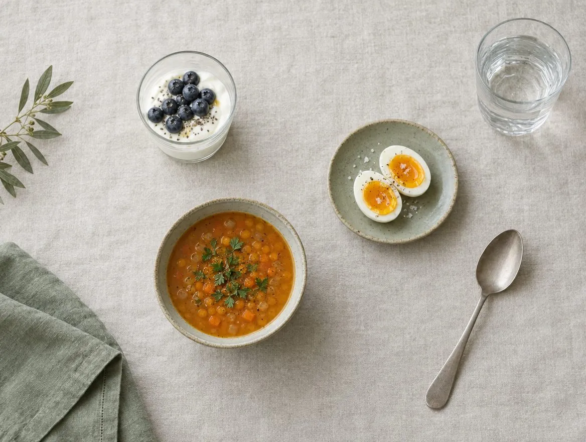 Small portions on a linen tablecloth: a bowl of lentil soup, a cup of yogurt with blueberries, a halved boiled egg and a glass of water